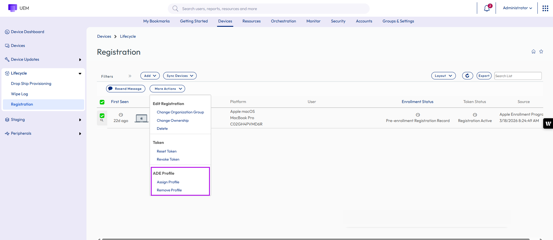 Automated Device Enrollment Program page showing Edit Assignment option highlighted Automated Device Enrollment Program page showing Edit Assignment option highlighted