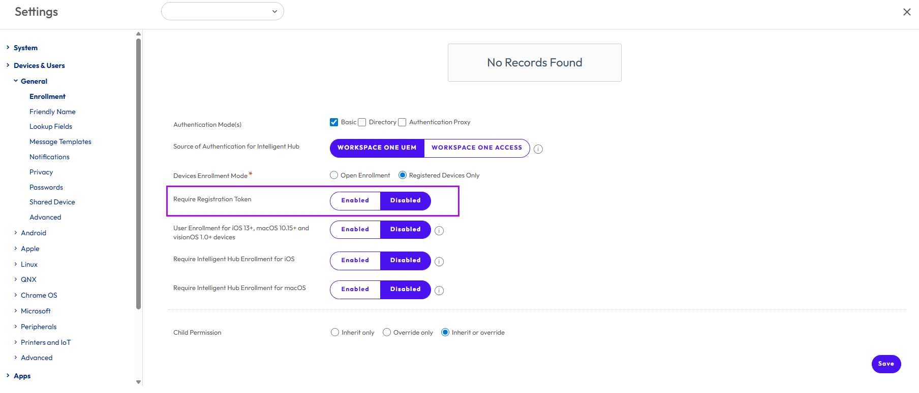 This image shows that the Device Enrollment mode is set to Registered Devices Only and the Registration Token is enabled. This image shows that the Device Enrollment mode is set to Registered Devices Only and the Registration Token is enabled.