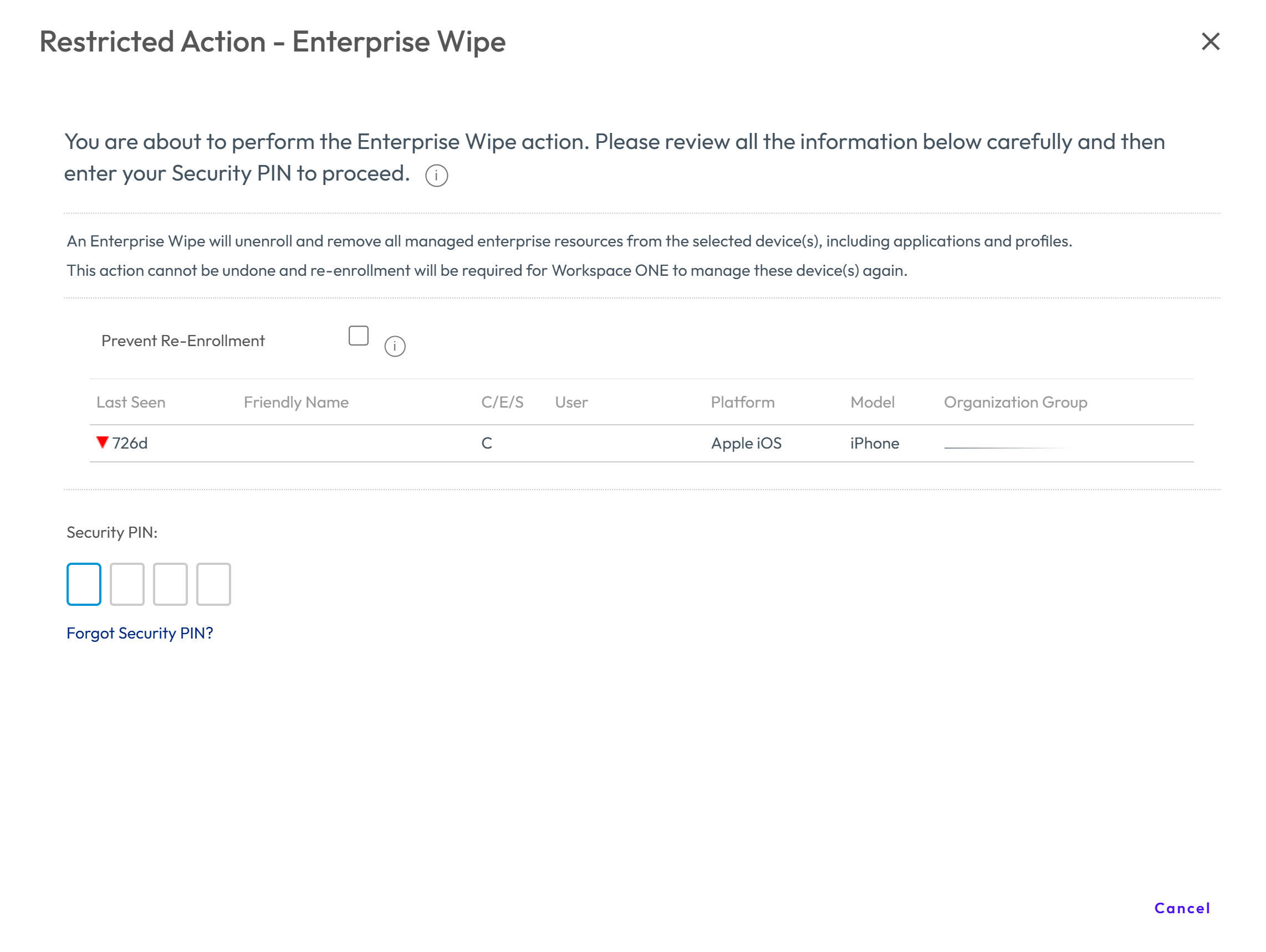 Enterprise Wipe showing release device option Enterprise Wipe showing release device option