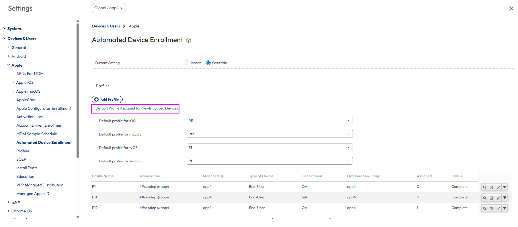 Separate DEP profiles assigned to different types of devices Separate DEP profiles assigned to different types of devices
