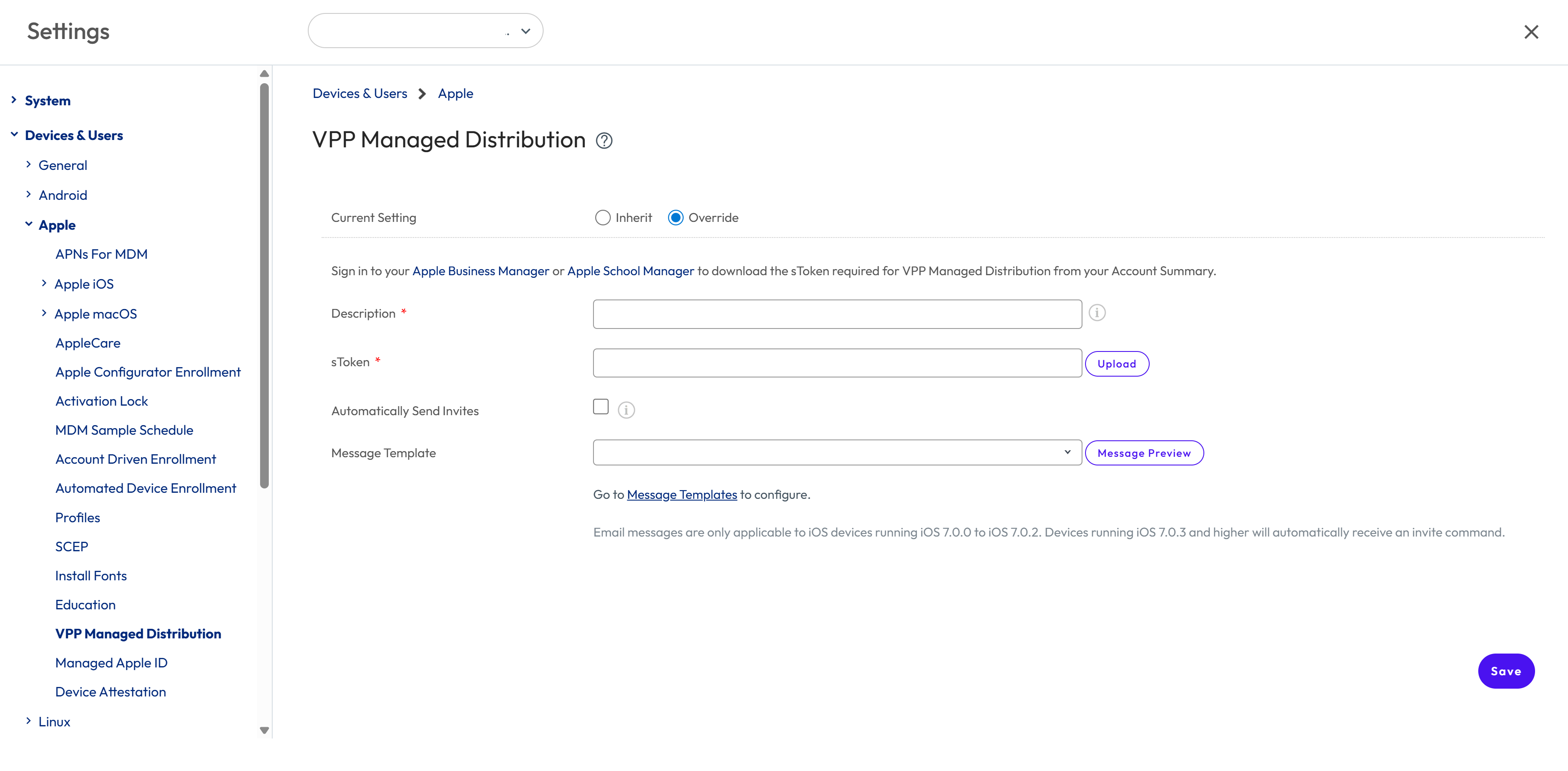 VPP managed distribution page showing the option to upload sToken