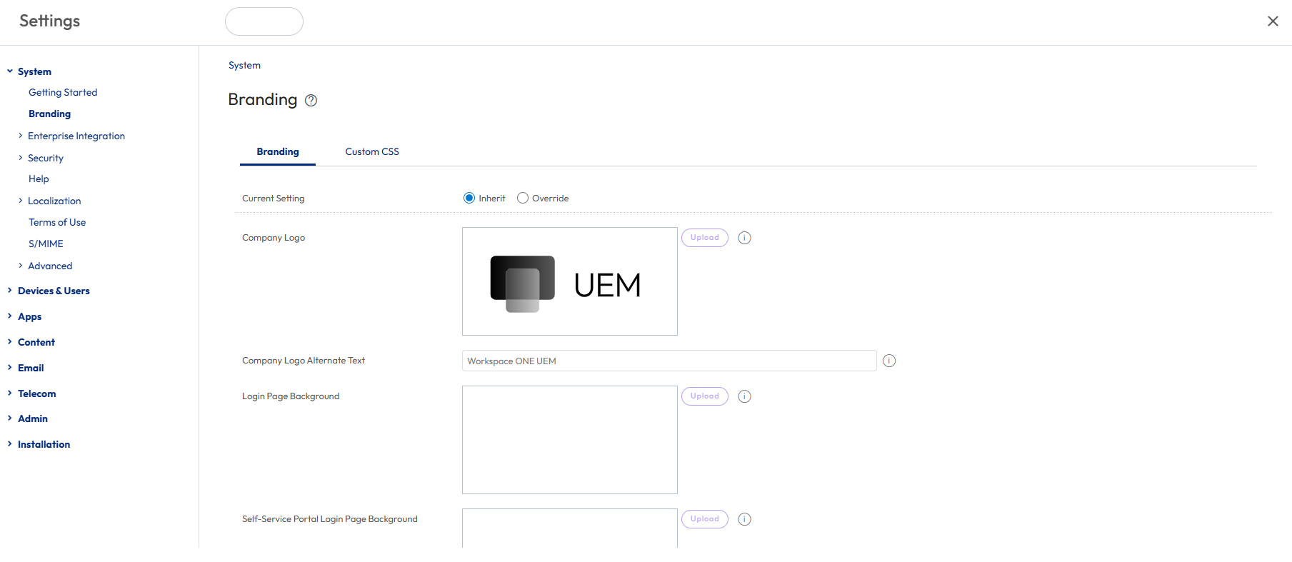 Branding settings showing branding and custom css options Branding settings showing branding and custom css options