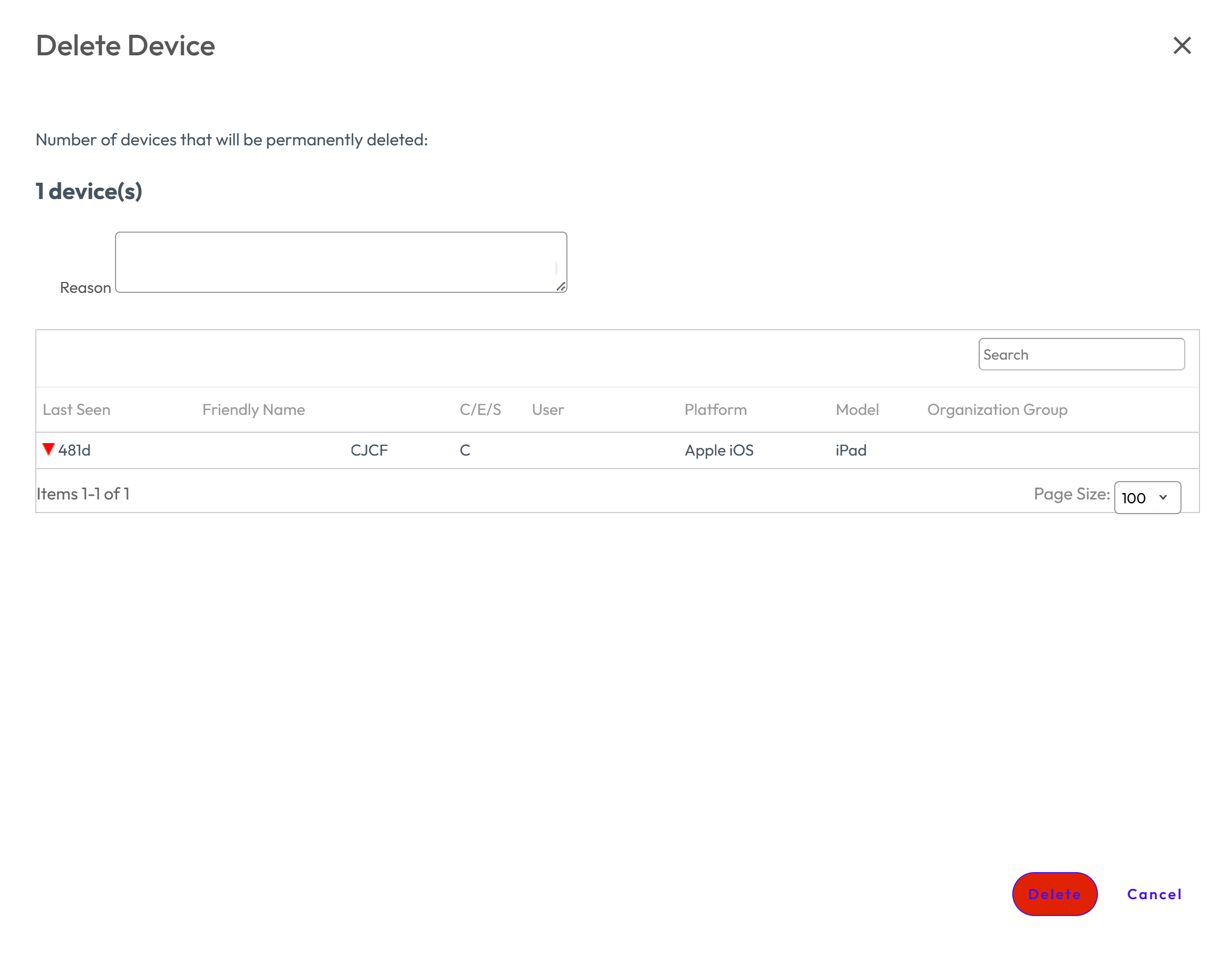 Delete device option Delete device option