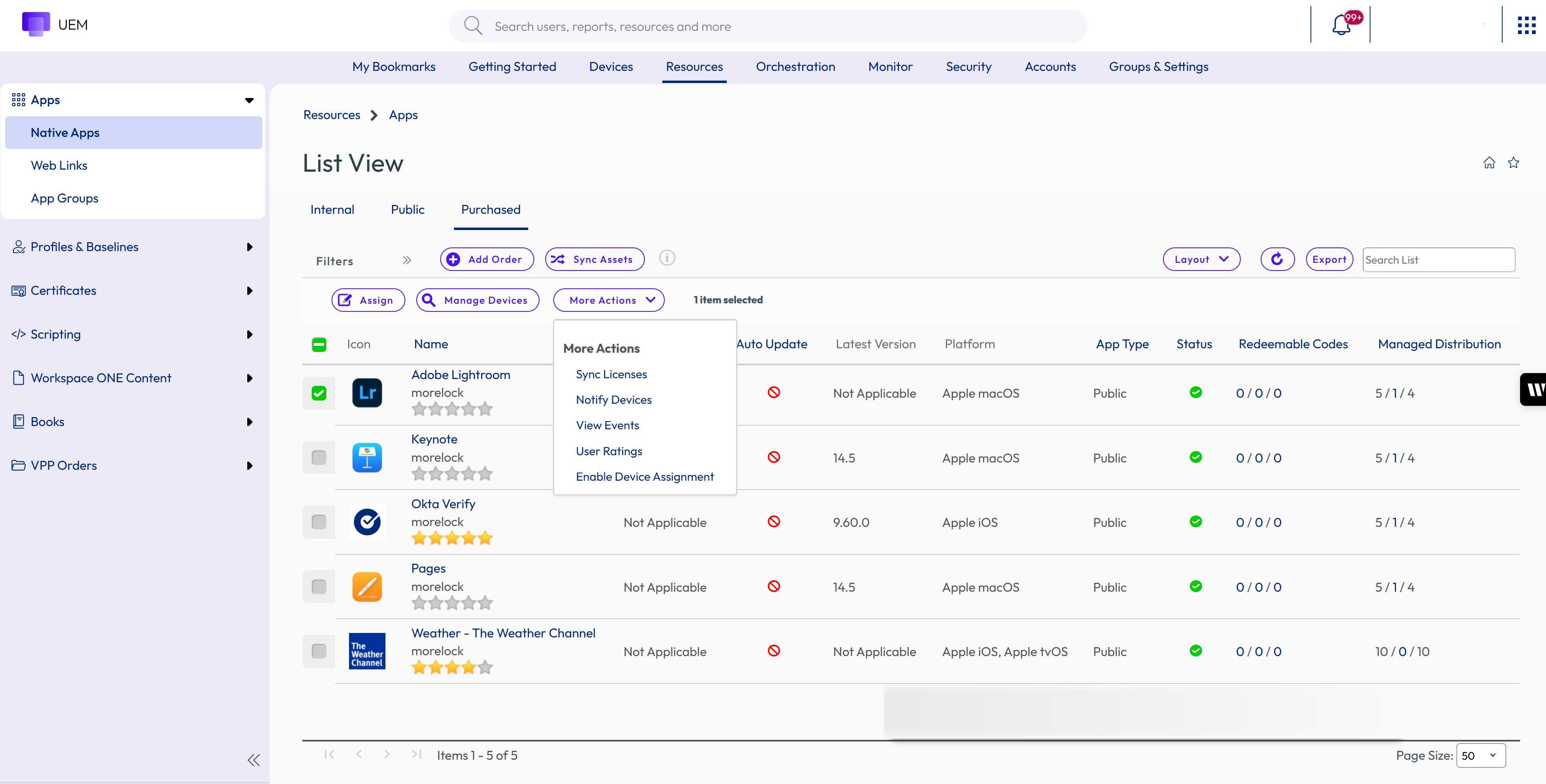 Purchased apps, More actions drop-down showing Enable Device Assignment option