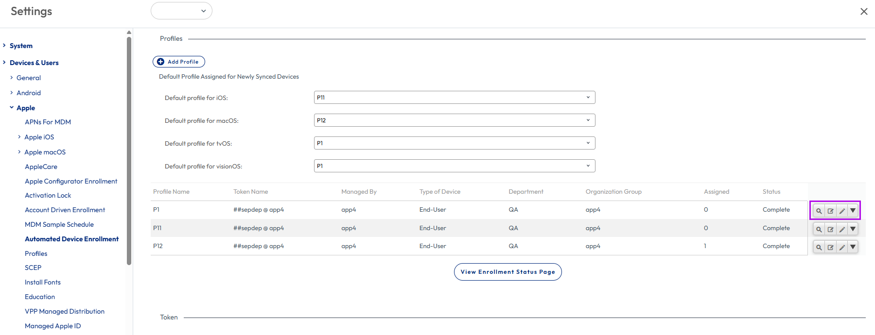 Edit Profile option highlighted in the Automated Device Enrollment Program page Edit Profile option highlighted in the Automated Device Enrollment Program page