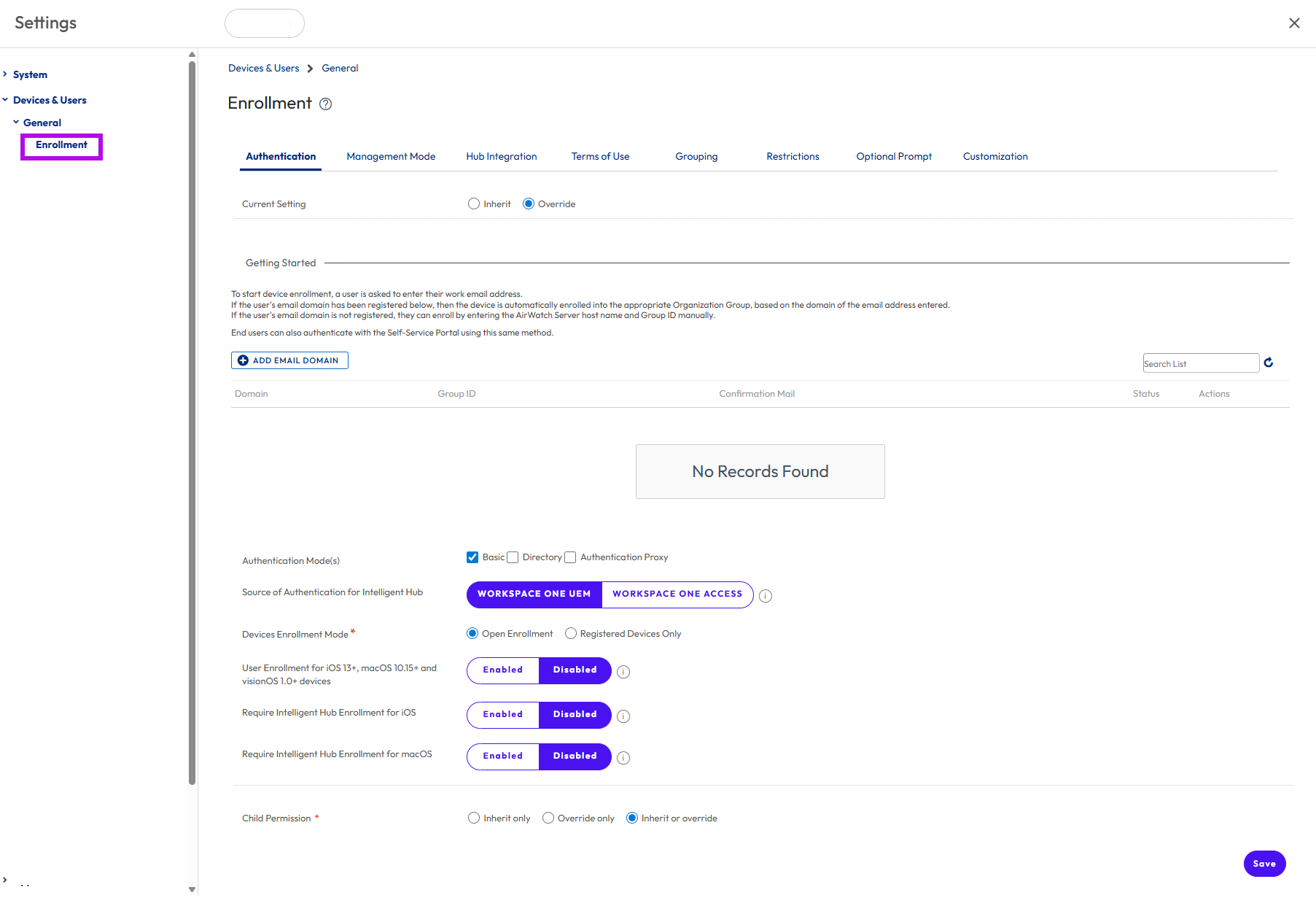 Enrollment Settings window showing Enrollment option hilghlighted Enrollment Settings window showing Enrollment option hilghlighted