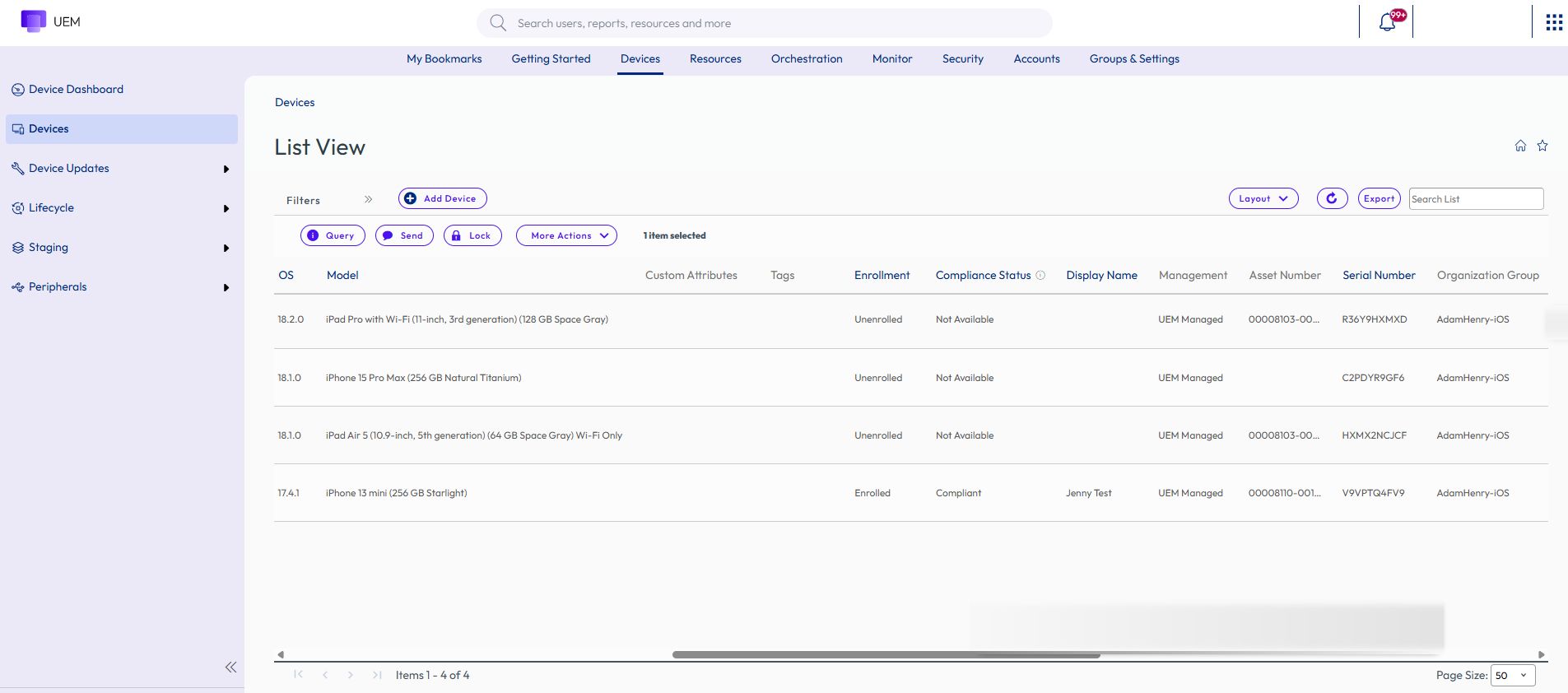 Enrollment Status window showing serial number, model, souce etc