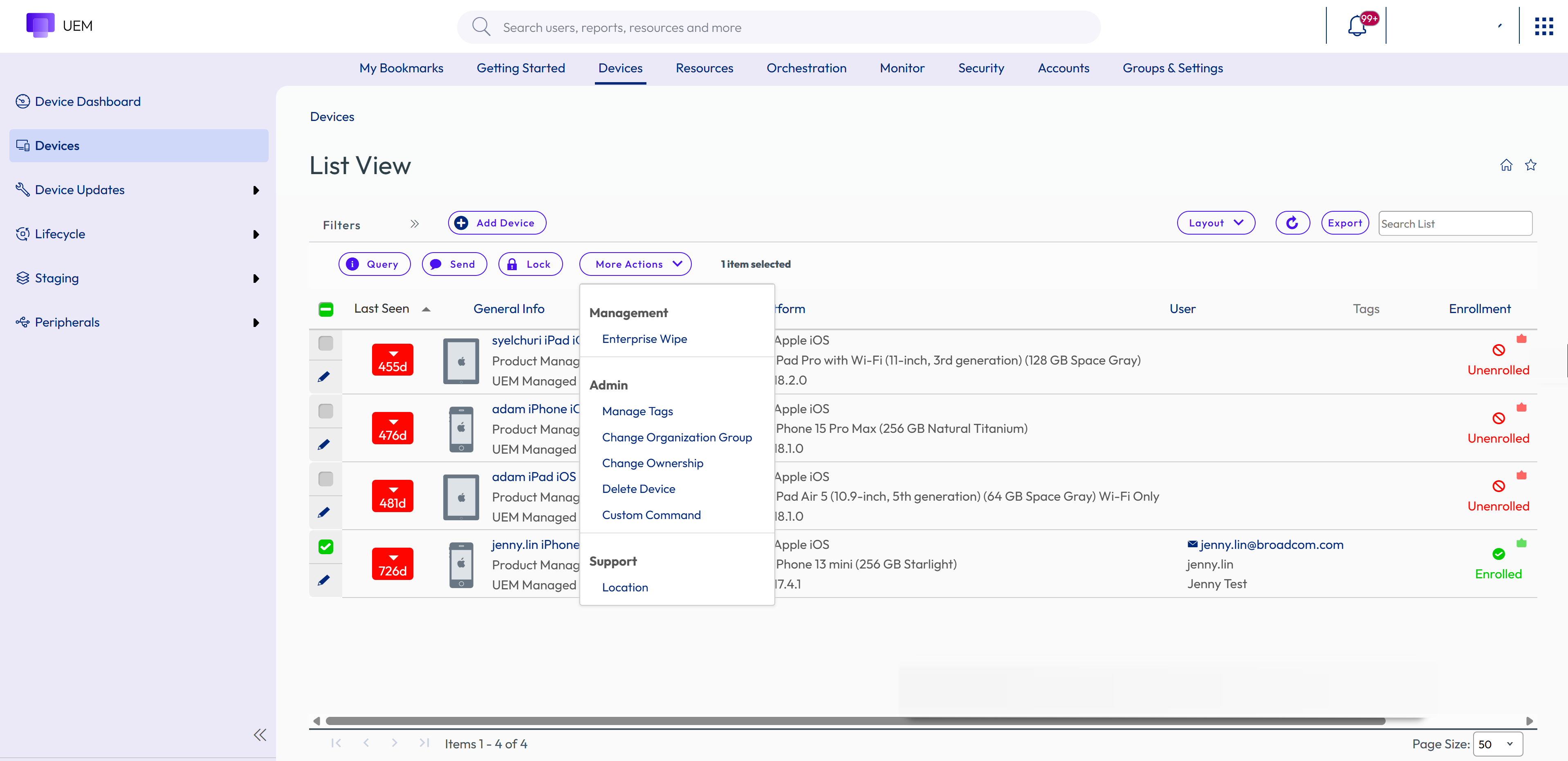 Device List view showing more actions and Enterprise Wipe options Device List view showing more actions and Enterprise Wipe options