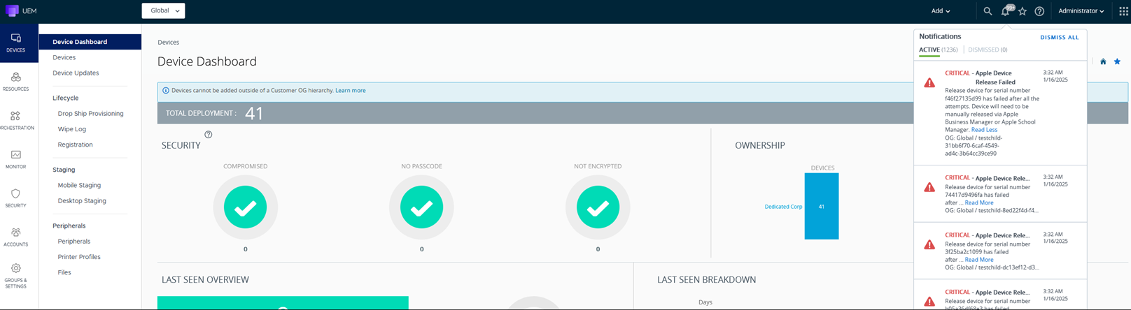 Release Device Failure Notification in UEM console Release Device Failure Notification in UEM console