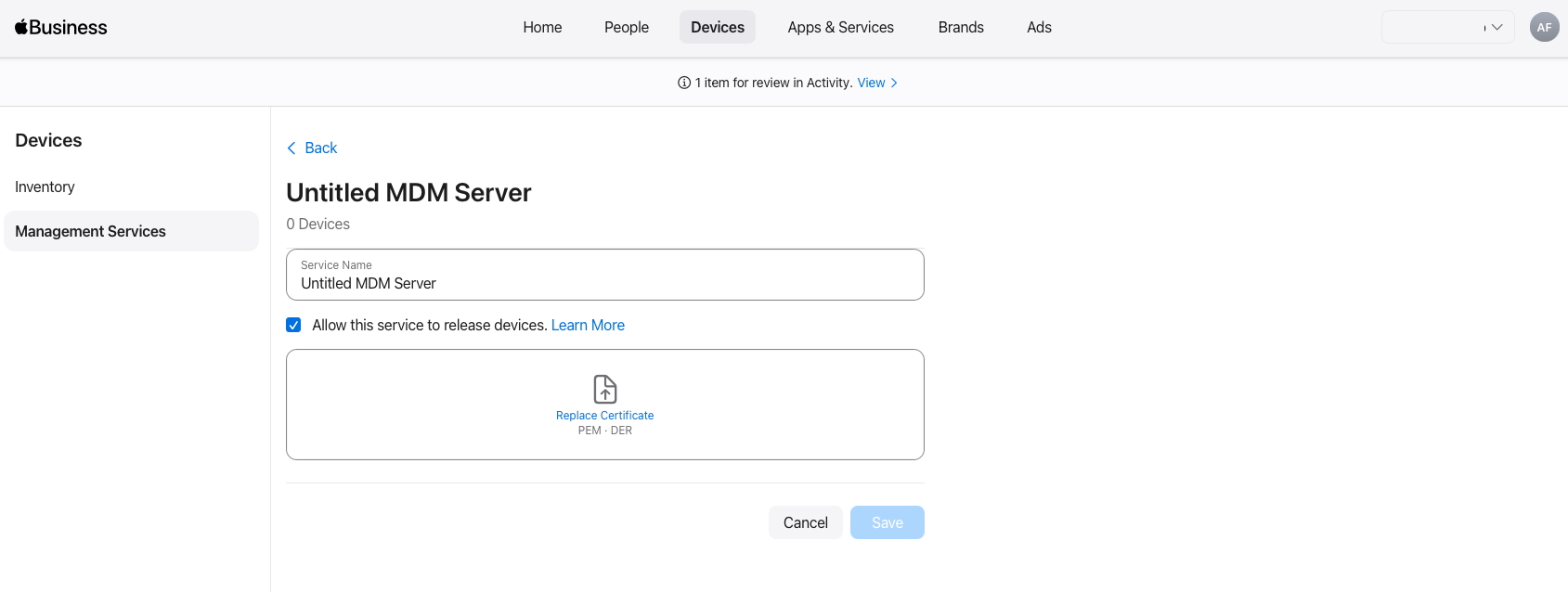 MDM server settings page MDM server settings page
