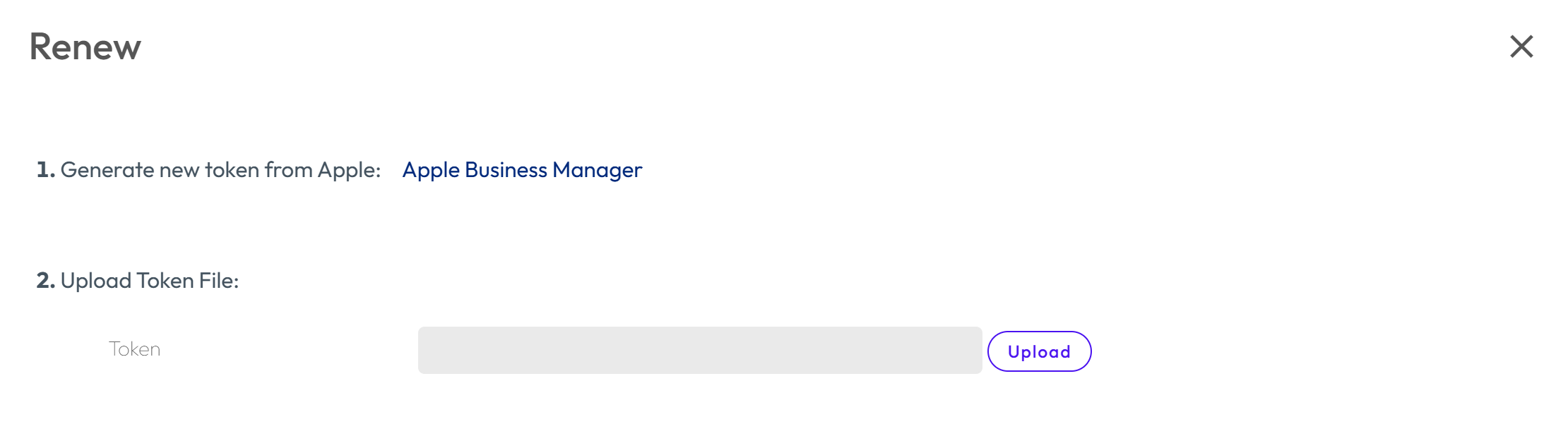 The Renew screen shows the option to generate a new token from Apple Business Manager and upload the token file. The Renew screen shows the option to generate a new token from Apple Business Manager and upload the token file.