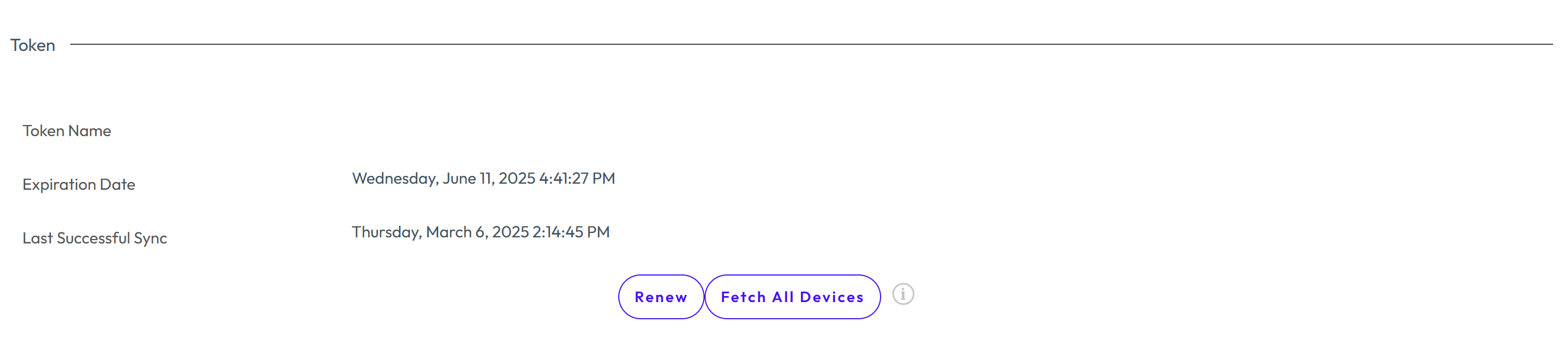 The screen shows the Expiration Date and the last successful sync. Displays the buttons to Renew and Fetch All Devices. The screen shows the Expiration Date and the last successful sync. Displays the buttons to Renew and Fetch All Devices.