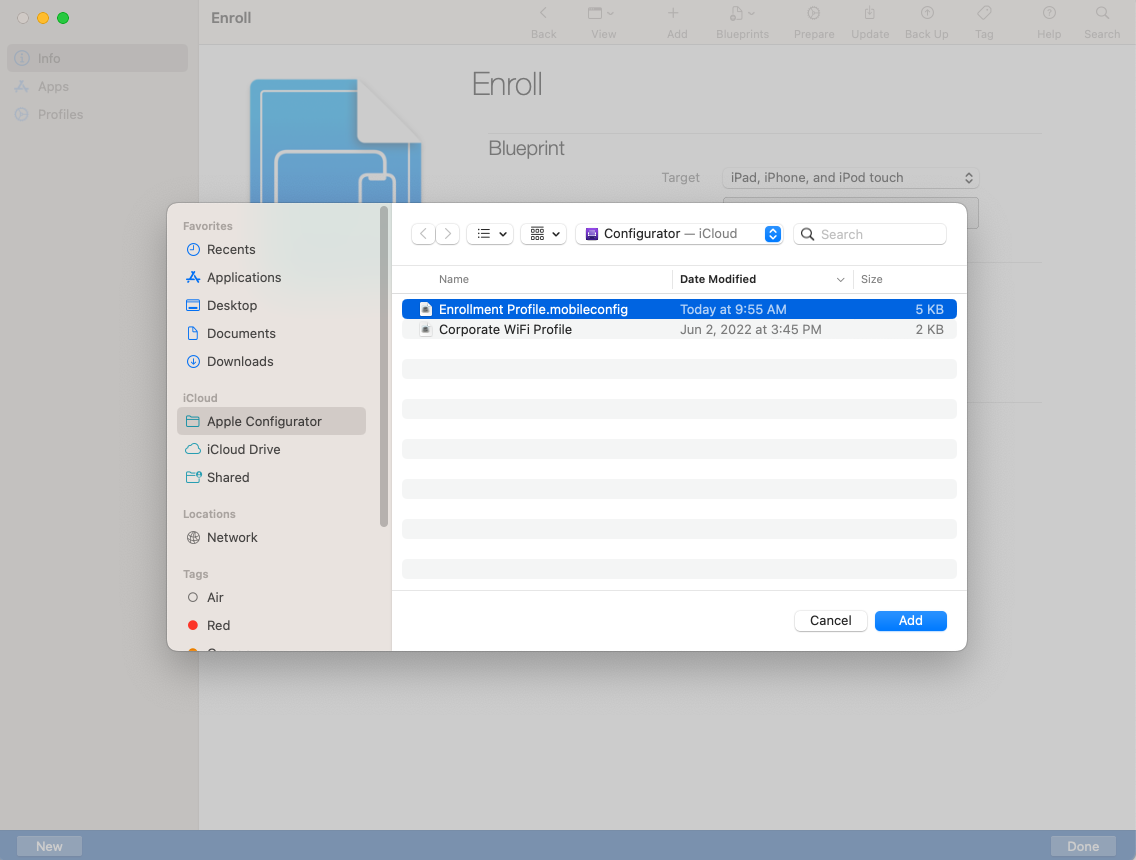 Apple configurator showing .mobileconfig file is selected