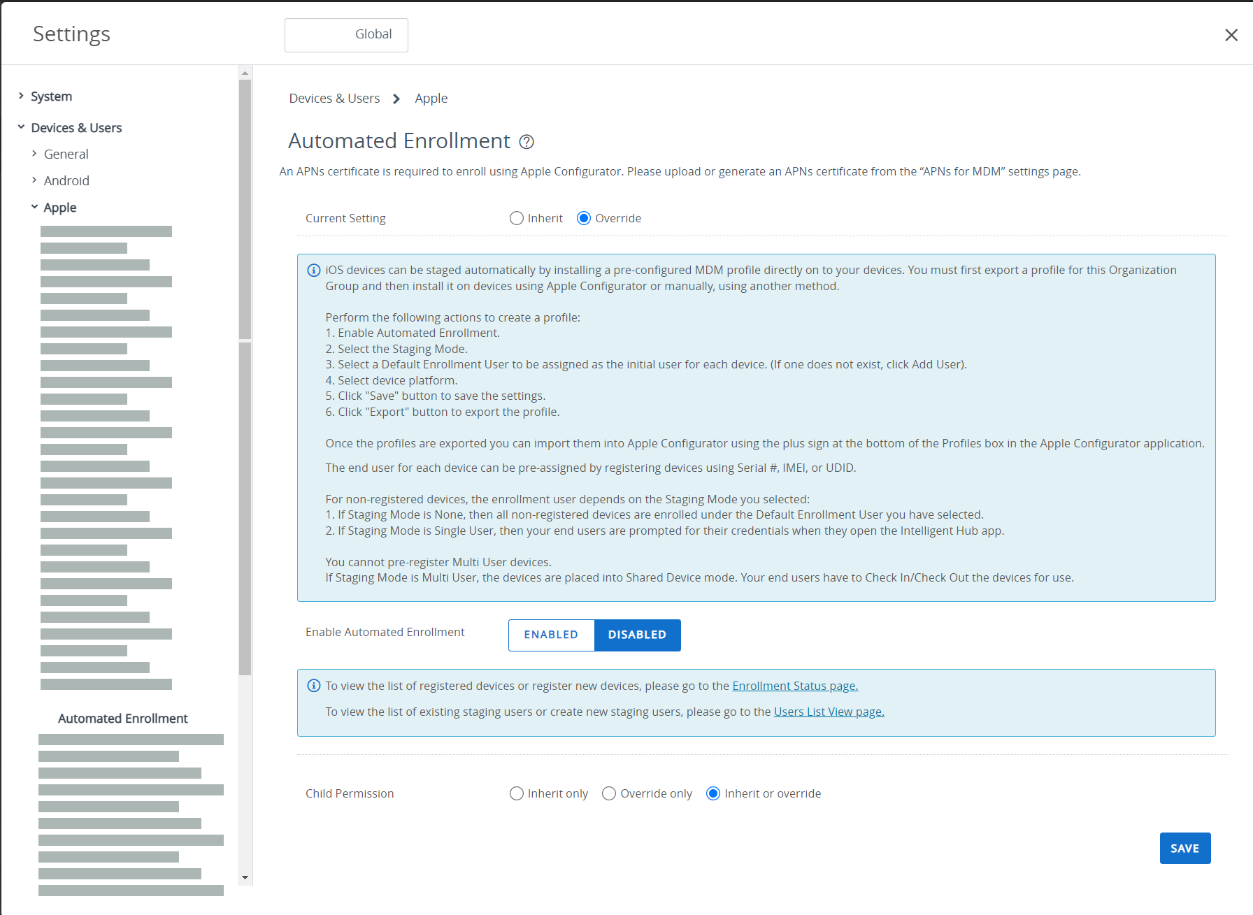 Console settings showing automated enrollment enabled