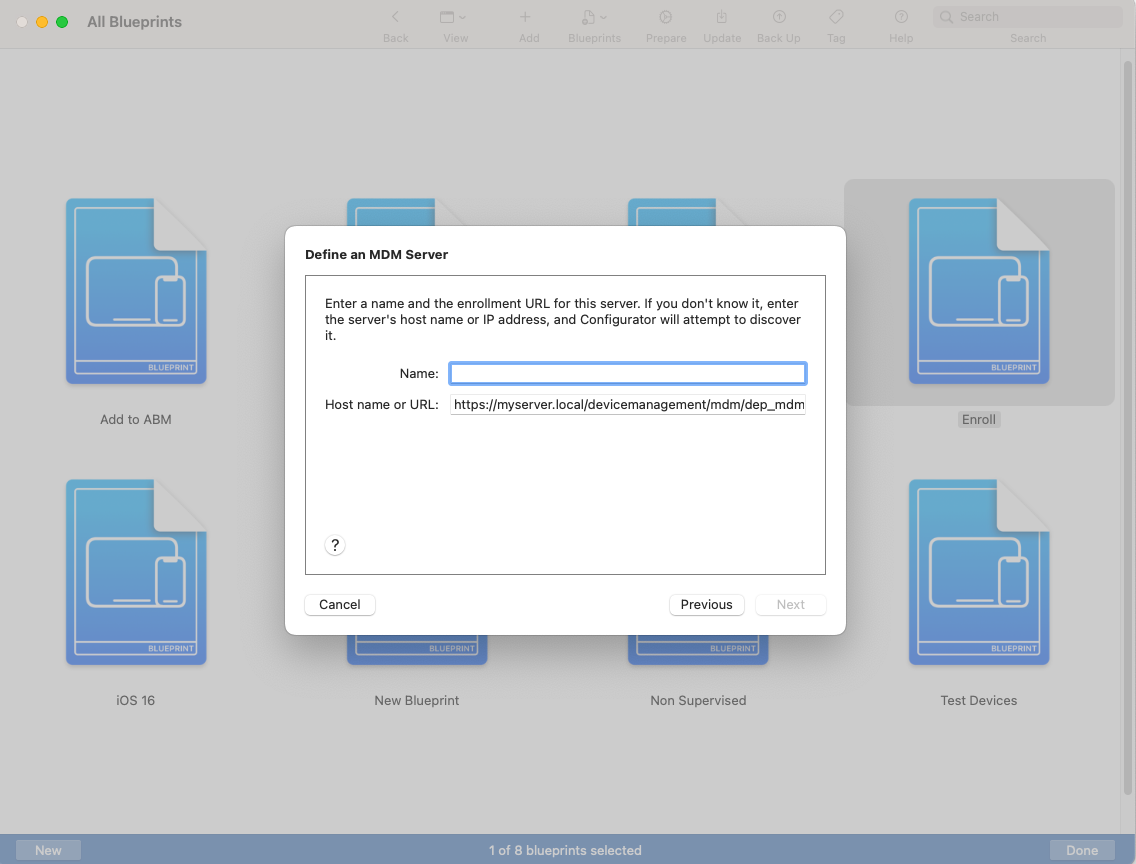 Define MDM server screen to add the MDM server name