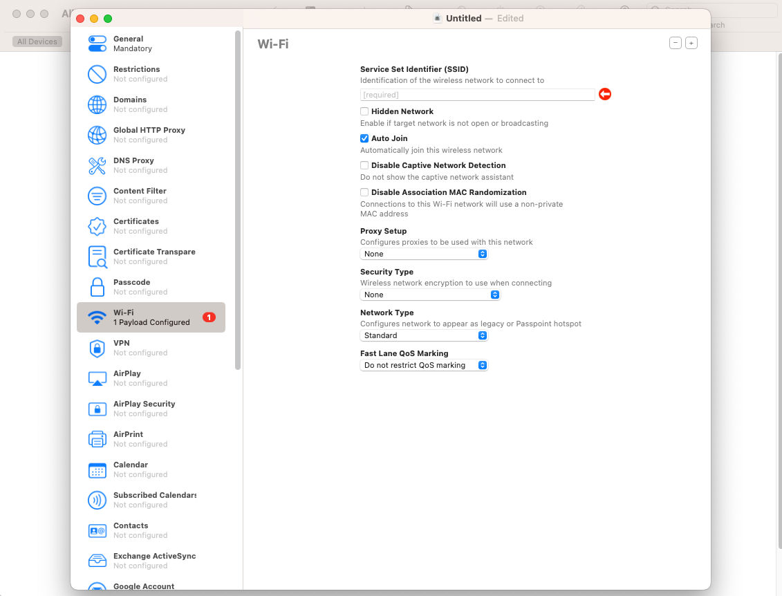 Wifi profile configuration window Wifi profile configuration window