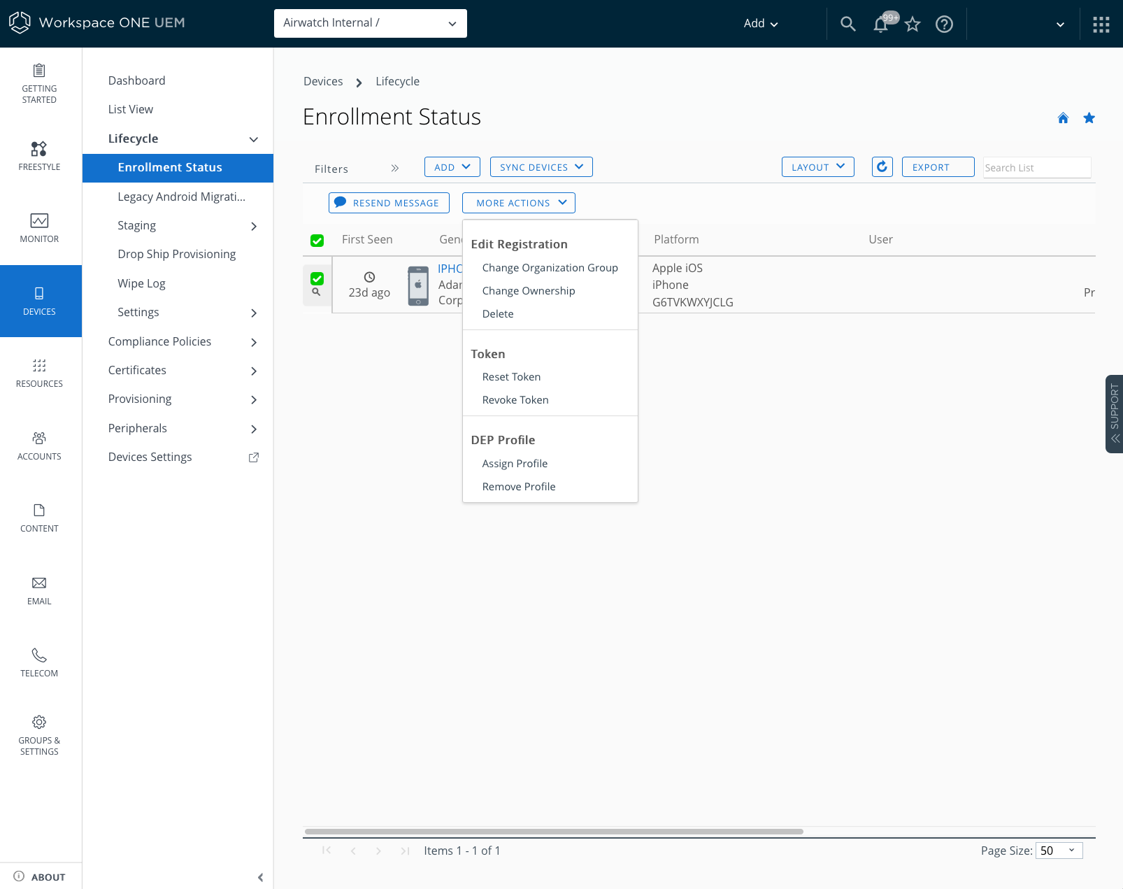 Enrollment Status UI showing the option to manually Assign or remove a DEP Profile