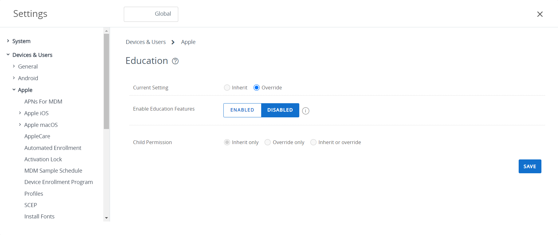 UI displaying Education option disabled