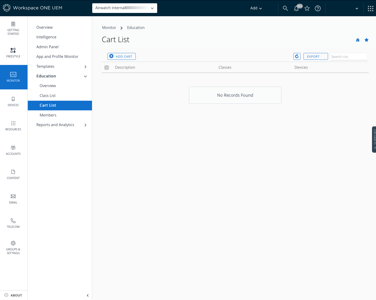 Cart list UI displaying options