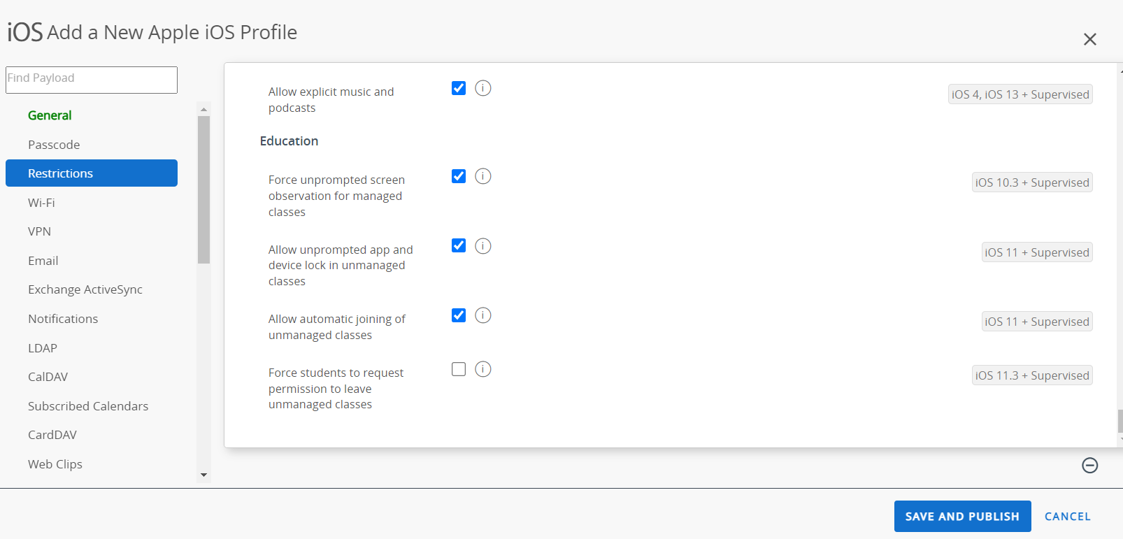 Restriction profile Education settings