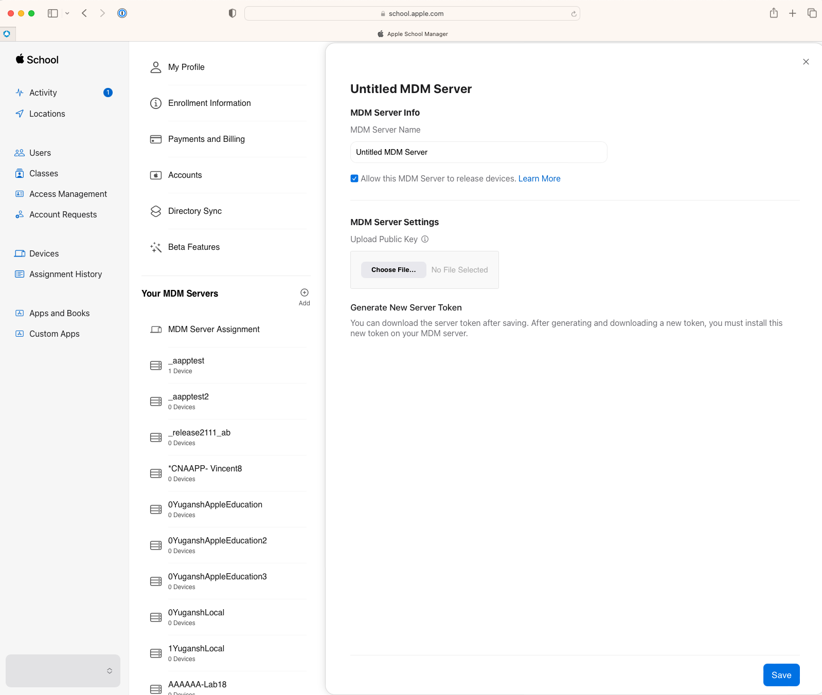Apple School Manager UI displaying upload the public key and generate the new server token options Apple School Manager UI displaying upload the public key and generate the new server token options