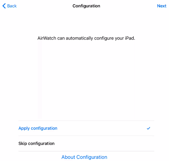 AirWatch Configuration screen showing Apply Configuration and Skip Configuration options for your iPad.