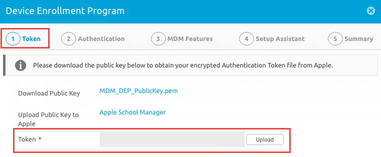 Device Enrollment Program page shows Download Public key to get encrypted authentication token from Apple and Upload Public key to Apple. Device Enrollment Program page shows Download Public key to get encrypted authentication token from Apple and Upload Public key to Apple.