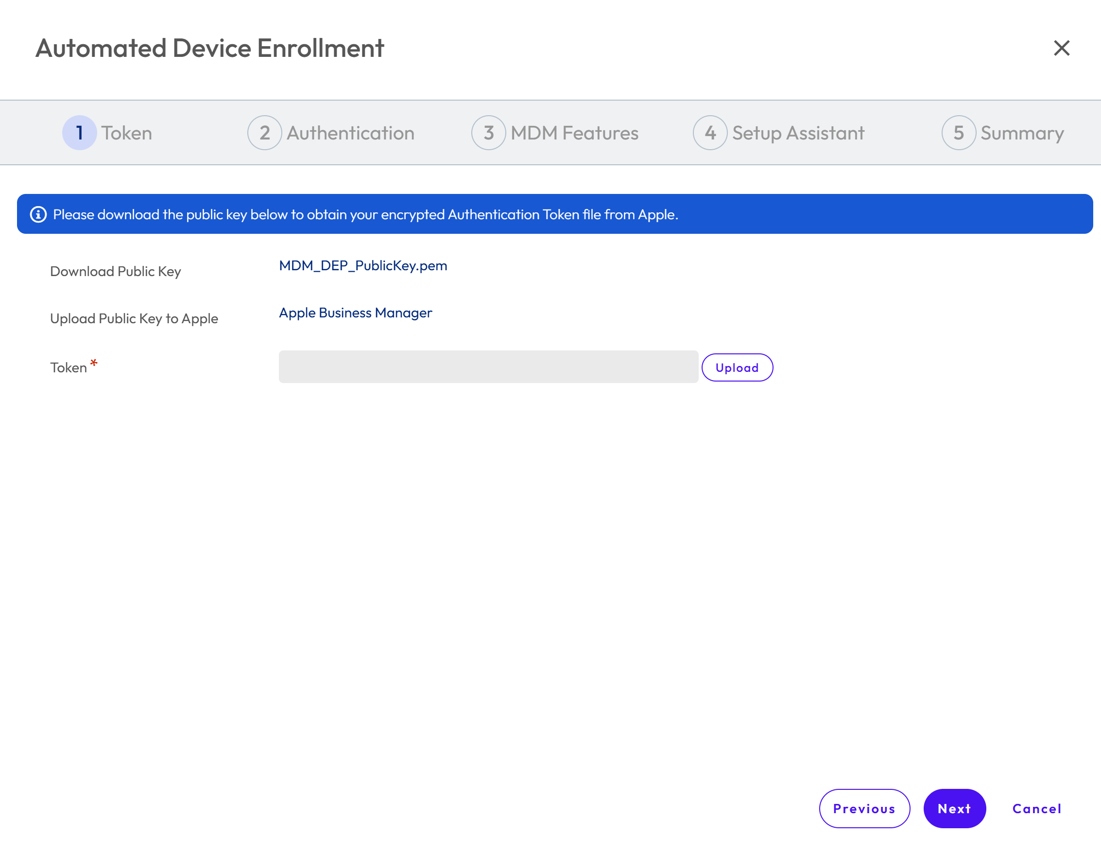 Device Enrollment Program page shows Download Public key to get encrypted authentication token from Apple and Upload Public key to Apple. Device Enrollment Program page shows Download Public key to get encrypted authentication token from Apple and Upload Public key to Apple.