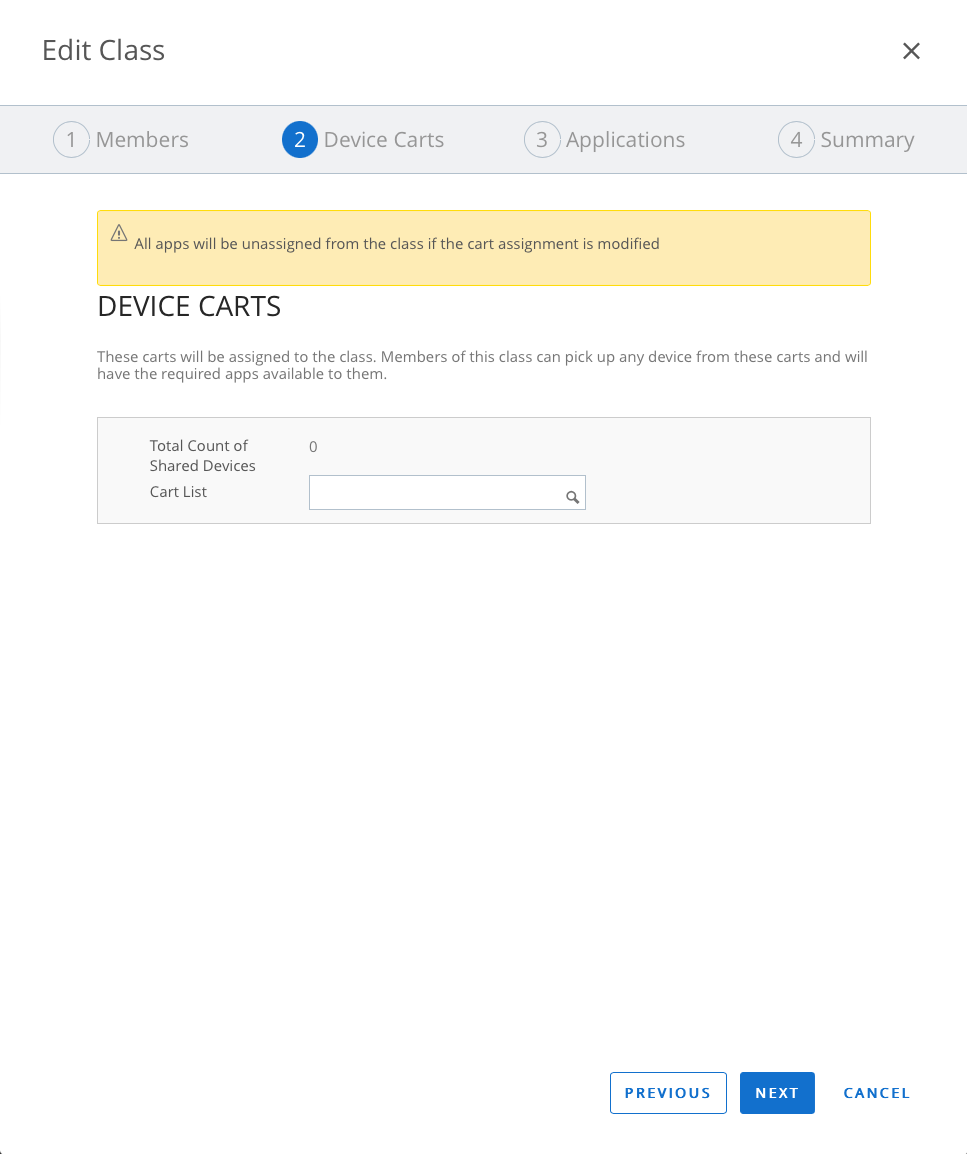 Edit class window showing members,device carts and application options