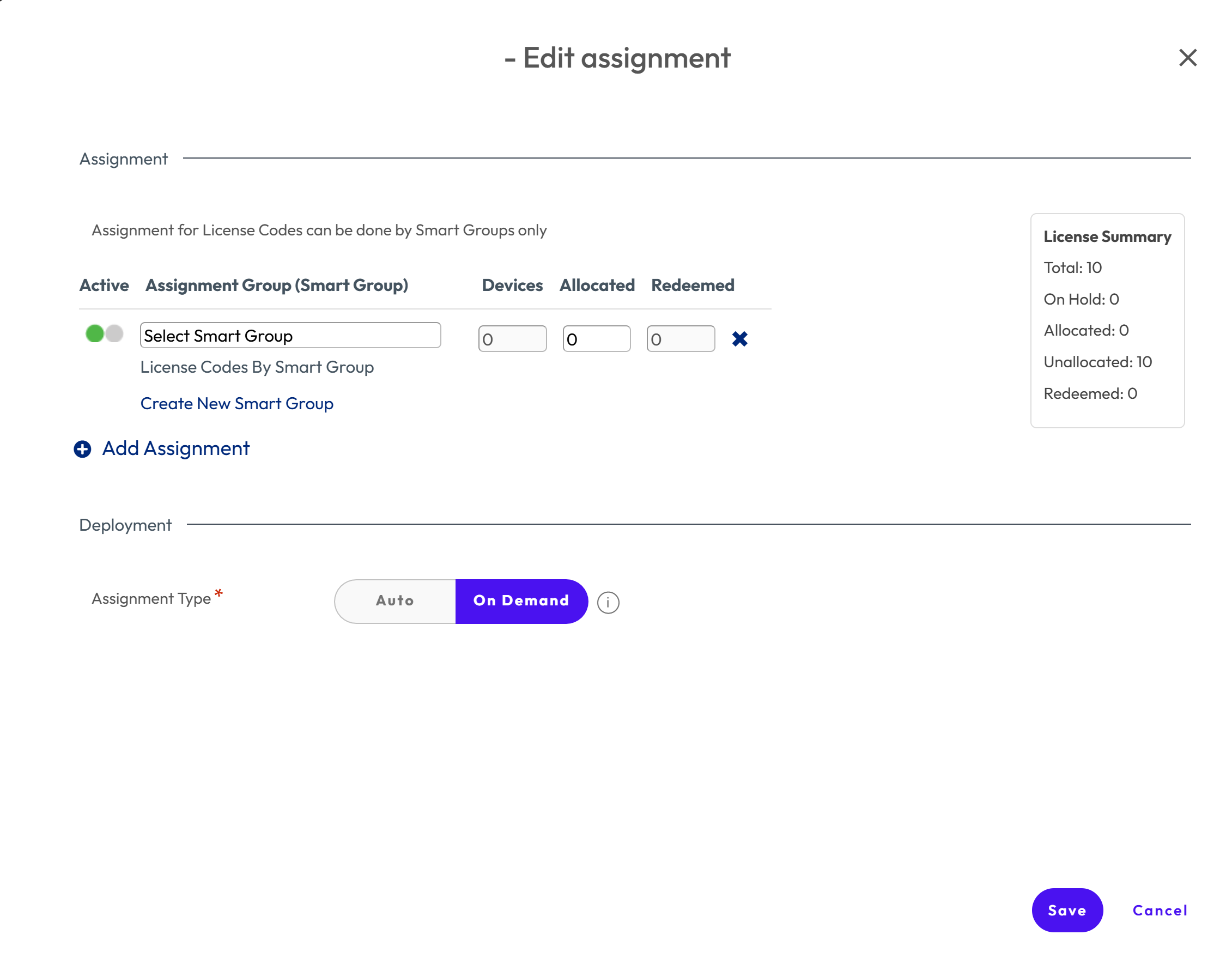 Assignment page showing the options