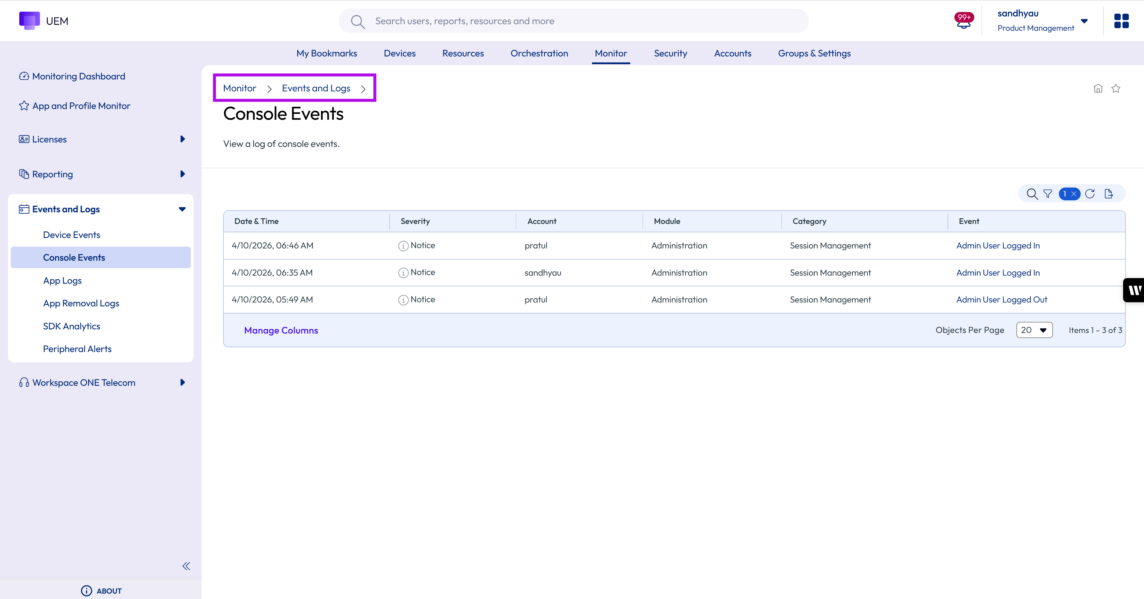 Console events UI showing the class source changed event Console events UI showing the class source changed event