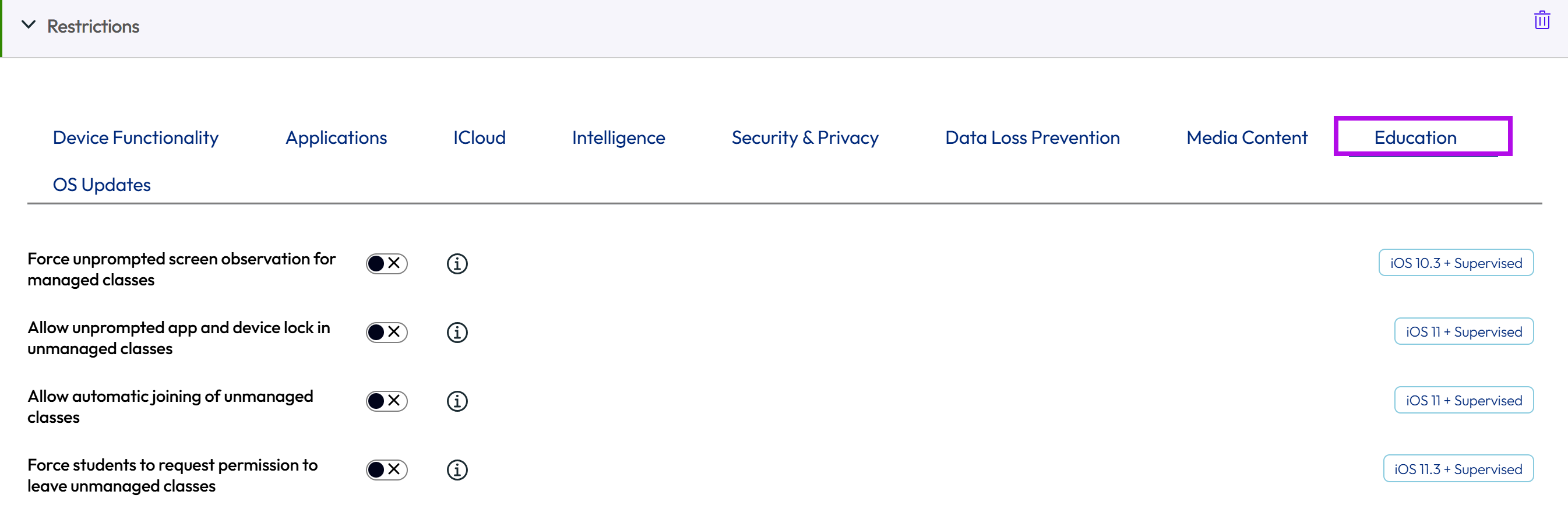 Restriction profile Education settings Restriction profile Education settings