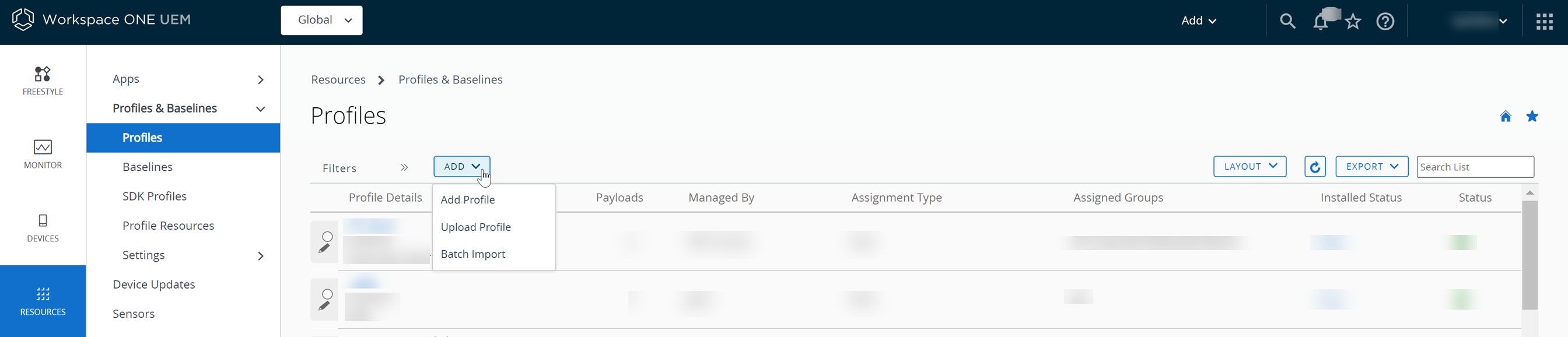 Navigation path to add a profile on the UEM console is shown.