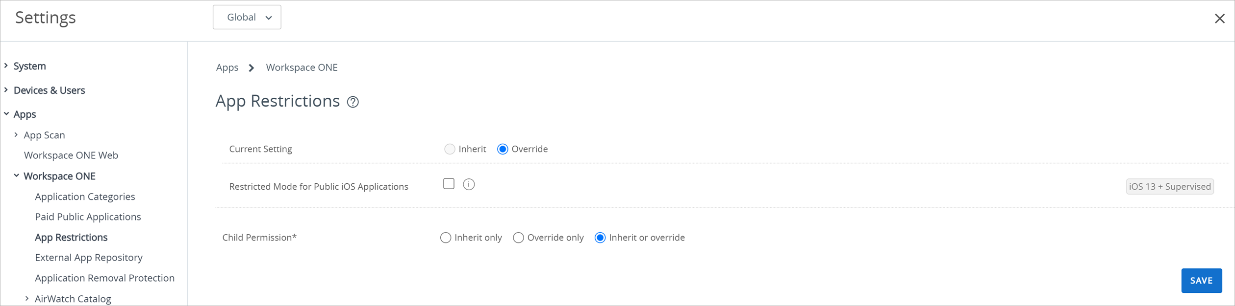 The UEM console page where restricted mode for public iOS apps can be activated is shown.