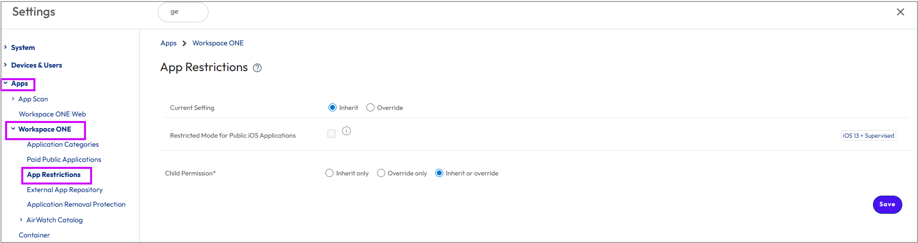 The UEM console page where restricted mode for public iOS apps can be activated is shown.
