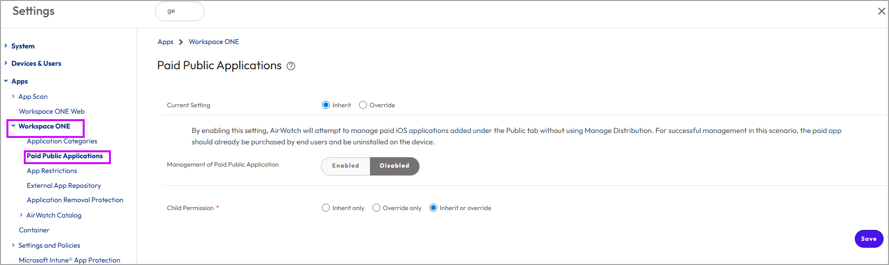 Navigation path to the setting on the Workspace ONE UEM console used to activate the deployment of paid public app is shown.