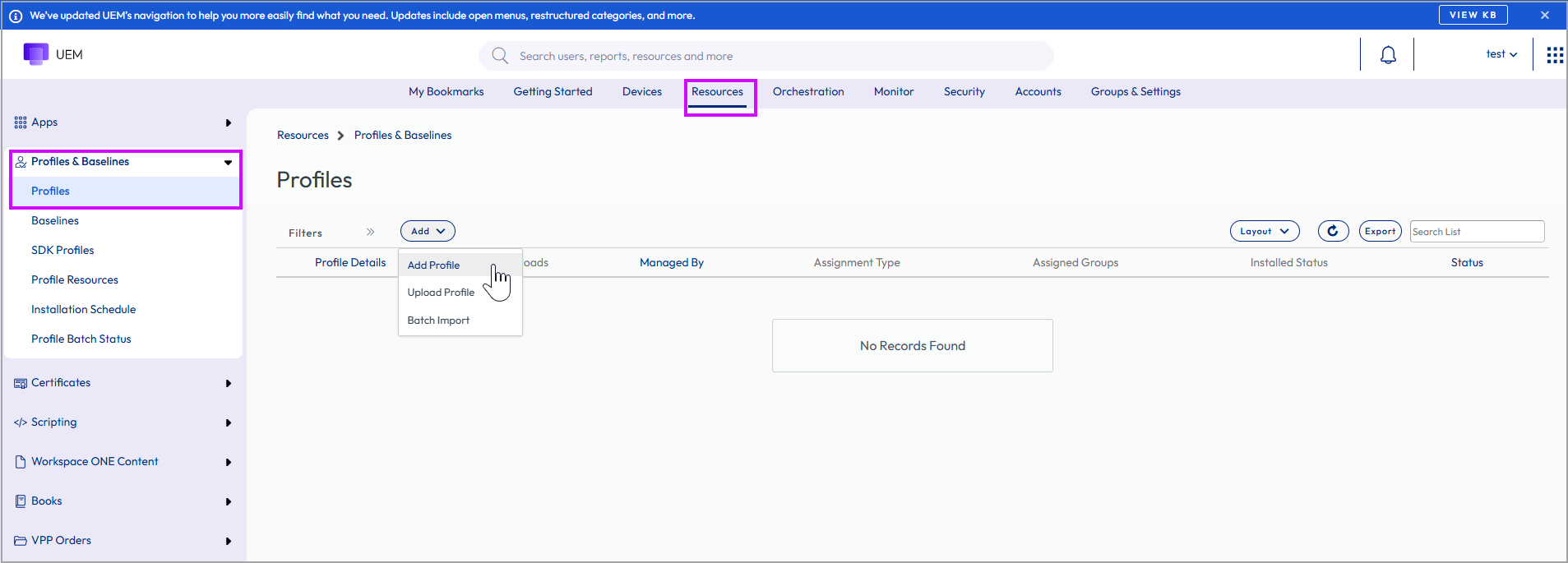 Navigation path to add a profile on the UEM console is shown.