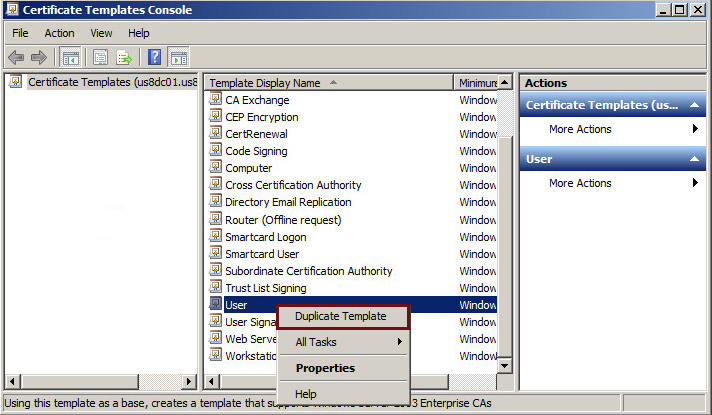 The Certificate Templates Console screen showing where to duplicate a template.