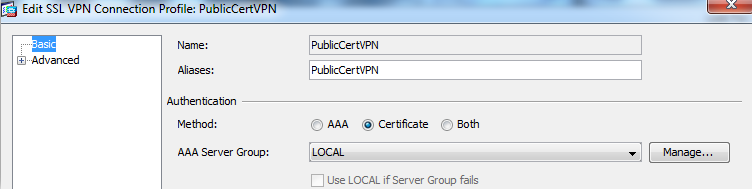 The Edit SSL VPN Connection Profile: PublicCertVPN screen where Certificate is the Method.