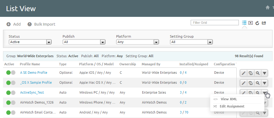 The Actions Menu showing where to select View XML. The Actions Menu showing where to select View XML.