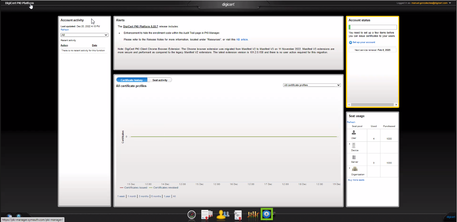 Symantec PKI Manager showing the tasks menu with Get an RA certificate selected.