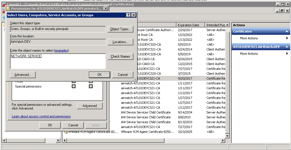 Console Permissions where users, computers, services accounts, or groups are selected.