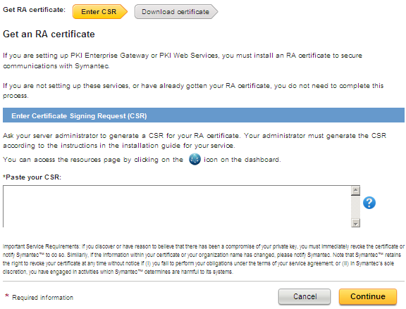 The Get an RA certificate screen where the CSR is pasted before continuing to download a new certificate.