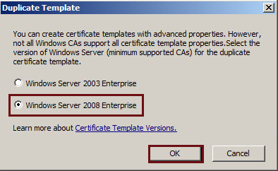 The Duplicate Template screen where the Windows Server for the duplicate template is selected. The Duplicate Template screen where the Windows Server for the duplicate template is selected.