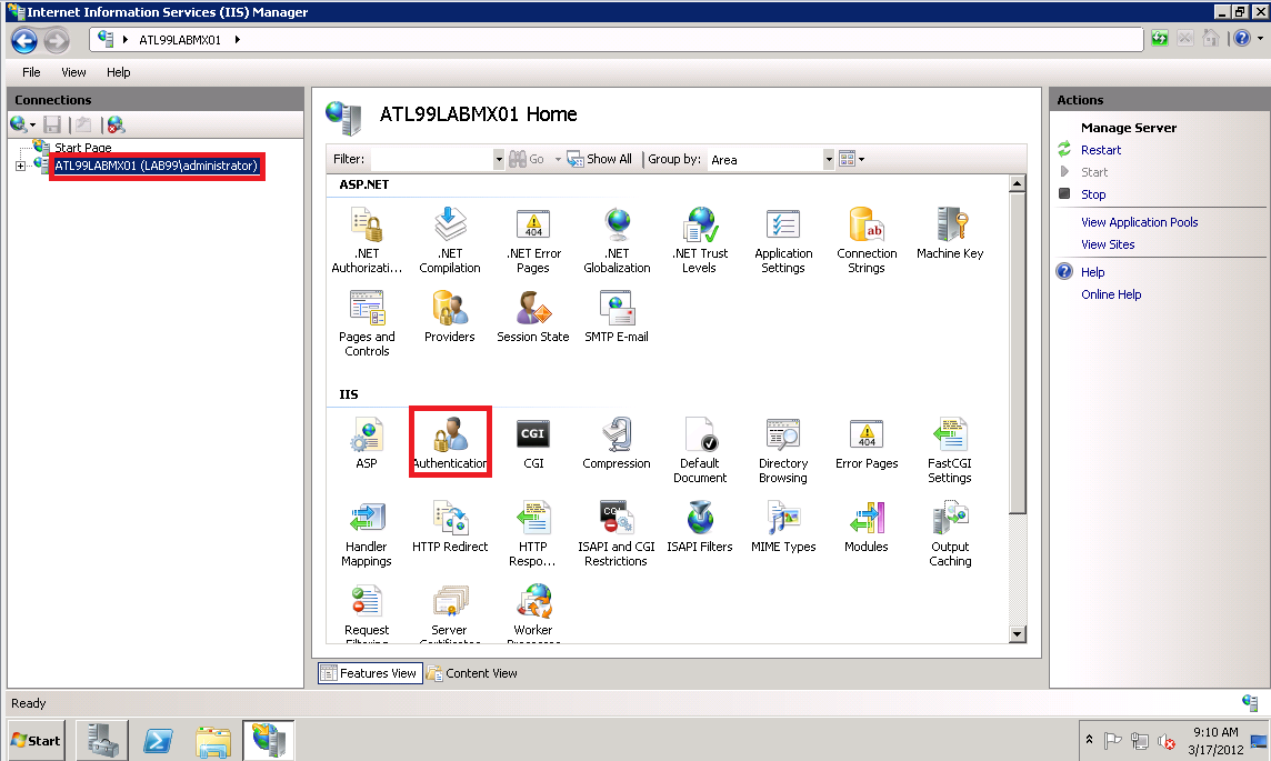 The Internet Information Services IIS Manager showing the connection with Authentication selected. The Internet Information Services IIS Manager showing the connection with Authentication selected.