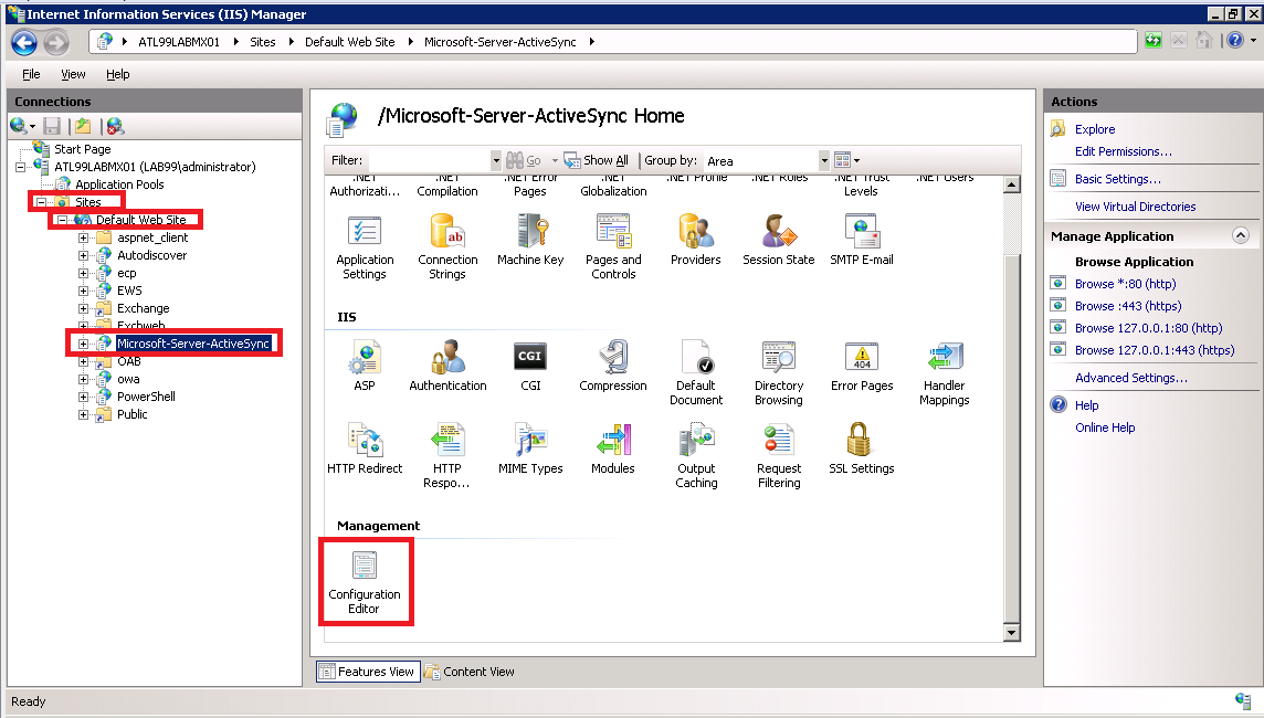 The Internet Information IIS Manager showing the default web site with Configuration Editor selected. The Internet Information IIS Manager showing the default web site with Configuration Editor selected.