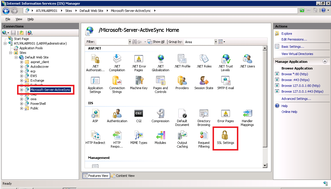The Internet Information Services IIS Manager showing the selected site and the SSL settings icon.