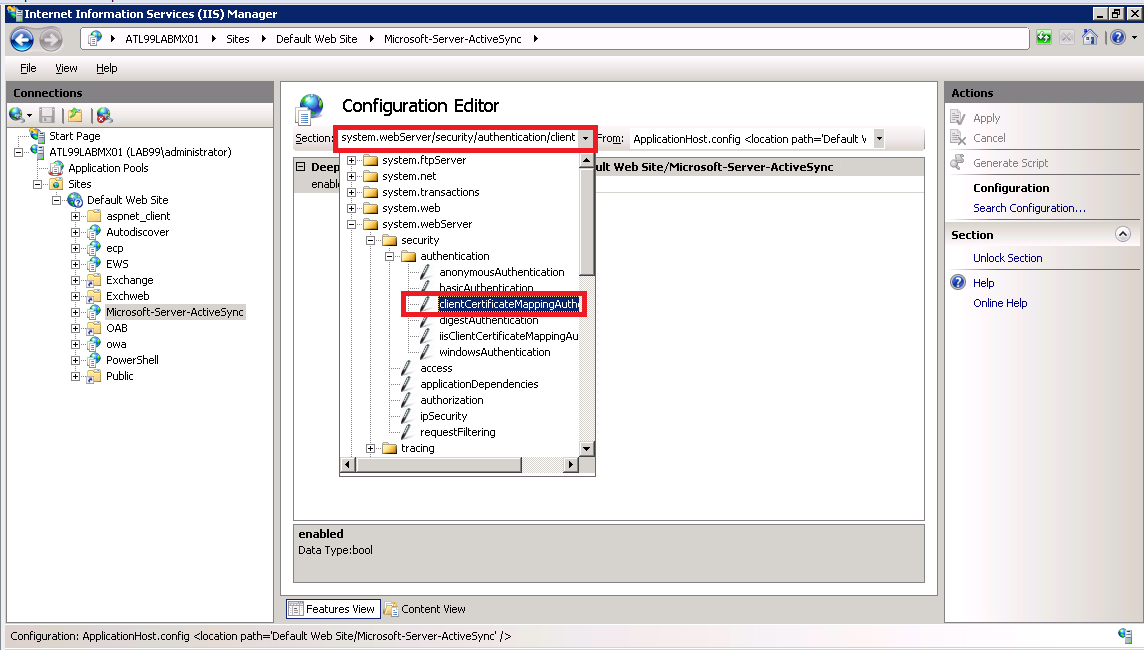 The Internet Information Services IIS Manager showinv the Configuration Editor selection and the selected authentication.