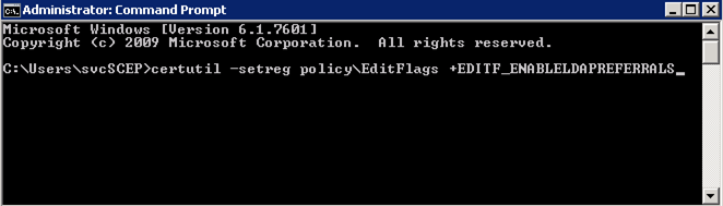 The Administrator Command Prompt for enabling LDAP referrals.