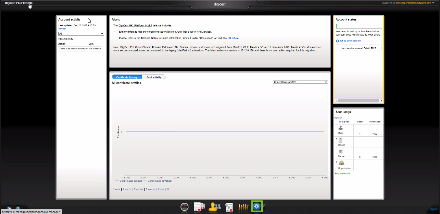 Symantec PKI Manager showing the tasks menu with Get an RA certificate selected.